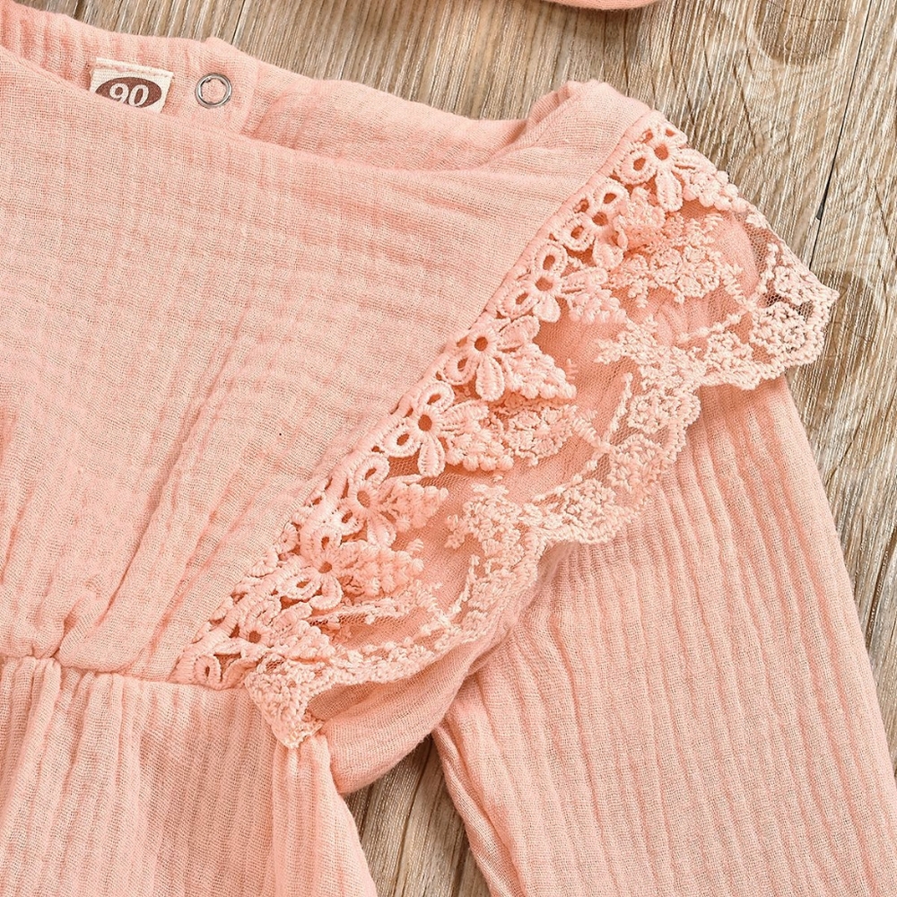 Coral Pink Long Sleeve Lace Muslin Baby Onesie & Matching Bow - Picture 8 of 8